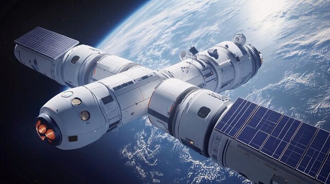 A futuristic space station gracefully orbits the blue marble of Earth, its solar arrays glinting in the sun, The modular structure of the station hints at its expandability, a testament to humanity's