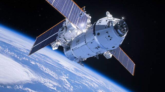 A futuristic space station gracefully orbits the blue marble of Earth, its solar arrays glinting in the sun, The modular structure of the station hints at its expandability, a testament to humanity's