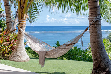 a hammock swaying between two palm trees with the ocean in the background.
