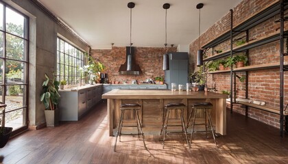 Obraz premium Open-Plan Industrial Kitchen with Large Island, Exposed Brick, and Steel Shelving