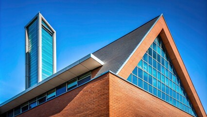 Fototapeta premium Modern Architectural Marvel in Rotterdam: Angled Brick Design Against a Clear Blue Sky