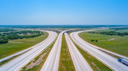 Fototapeta premium From an aerial view, trucks and cars are driving on the intersecting highway, and the clear blue sky is visible. Deep depth of field, showcasing busy roads and vehicles from the perspective of drones.