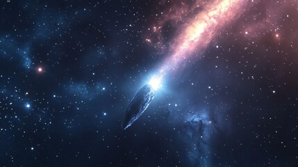 A majestic comet streaks across the star-studded void, its brilliant coma trailing a vast gas-dust tail, The cosmic wanderer's journey is frozen in time against a backdrop of twinkling stars and