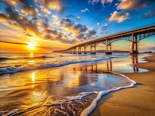 Obraz premium Stunning Beach View of Iconic Bridge at Sunset with Majestic Waves and Clear Sky, Perfect for Travel and Nature Enthusiasts Seeking Scenic Landscapes and Coastal Beauty