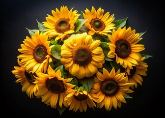 Fototapeta premium Stunning Bouquet of Sunflowers on a Black Background with Top-Down View, Perfect for Copy Space and Floral Themes, Ideal for Seasonal, Nature, or Wedding Designs