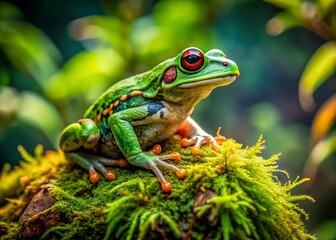 Obraz premium Stunning Bright Green Vietnamese Mossy Frog on Lush Moss, Showcasing Unique Texture and Vibrant Colors in a Natural Tranquil Setting for Nature Photography Enthusiasts