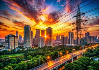 Fototapeta premium Stunning Cityscape Featuring Power Lines Against a Vibrant Sunset Sky, Showcasing Urban Architecture and Infrastructure in High Depth of Field for Stunning Visual Impact