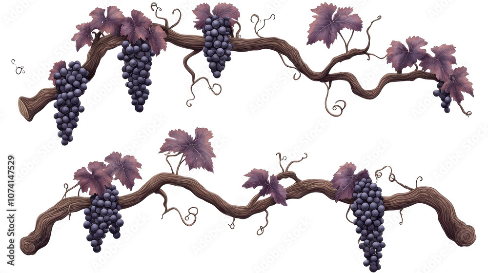 Poster grape vine branches with leaves and clusters on clear background generative ai