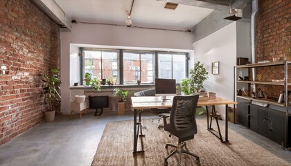 Fototapeta premium Industrial Home Office with Concrete Flooring, Exposed Brick, and Steel Desk