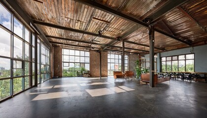 Open-Concept Industrial Loft with Floor-to-Ceiling Windows, Concrete Floors, and Metal Beams