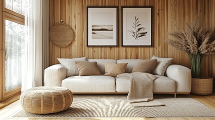 The modern Japanese Nordic style living room features warm wooden wall panels, minimalist wall art pieces, and neutral tones, creating a peaceful and balanced atmosphere