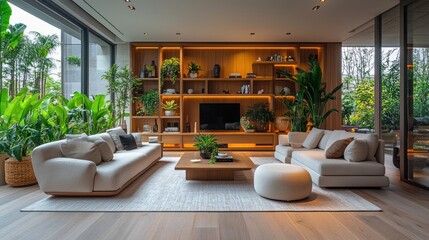 Fototapeta premium Modern living room with beige sofas, wooden coffee table, and a large bookshelf with plants.
