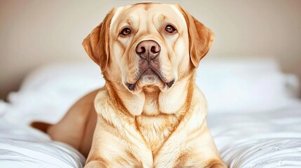 Loyal labrador retriever enjoys relaxing on cozy bed capturing heartwarming moments of pet companionship