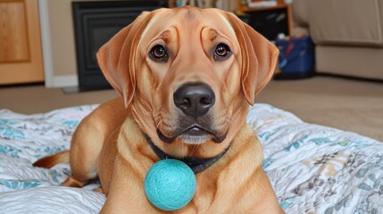 Obraz premium Playful dog poses with a vibrant blue ball on a cozy blanket in a living room setting
