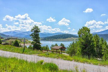 Frisco Colorado Dillon Reservoir lake park in summer season for fishing and recreation with blue water surface in summer