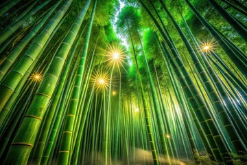Fototapeta premium Serene Long Exposure of Lush Green Bamboo Stalks Against a Dark Backdrop - Nature's Tranquility