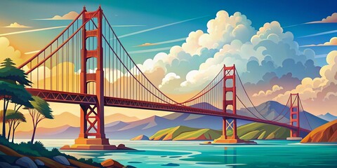 Obraz premium Stunning Flat Illustration of the Golden Gate Bridge Overlooking San Francisco Bay, Capturing the Iconic Landmark with a Vibrant Color Palette and Scenic Background Elements
