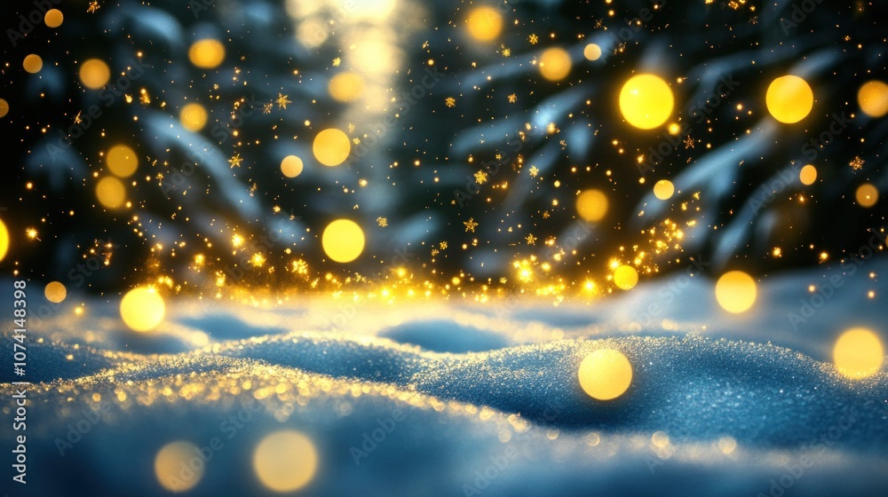 Poster christmas background with snow and bokeh lights. 3d rendering - generated ai