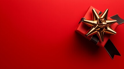 Golden ribbon bow on red background, flat top view design with white space, suitable for gift cards, holiday greetings, Christmas gifts, and New Year promotion banners, with surreal details