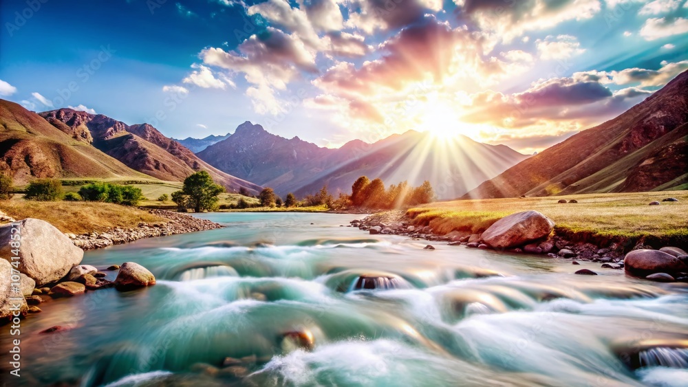 Wall mural Stunning Landscape Photography of Vibrant Natural Scenery with Lush Green Hills, Majestic Mountains, and a Serene River Under a Clear Blue Sky