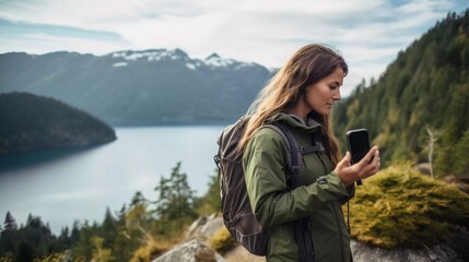 Naklejka premium A woman with a backpack checks her phone while enjoying a scenic outdoor landscape.