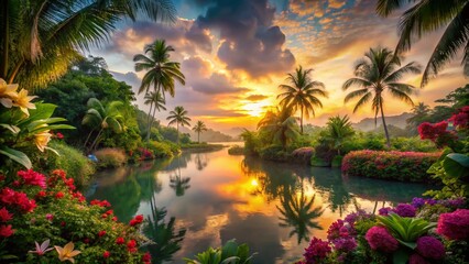 Stunning Low Light Photography of Tropical Watercolor Scenes Featuring Lush Foliage and Vibrant Colors, Perfect for Nature Lovers and Art Enthusiasts Alike