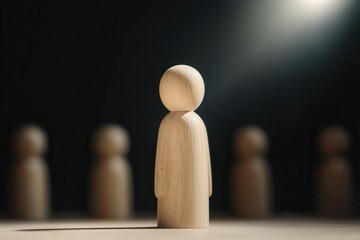 wooden figure representing leadership concept. Wooden figurine standing out in a group, spotlight illumination, soft focus background.