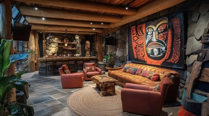 Rustic Living Room with a Polynesian Flair