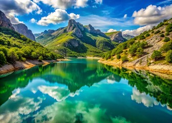 Fototapeta premium Stunning Macro Photography of Colorful Cber Artificial Water Reservoir on Puig Major Slopes in Majorca, Balearic Islands, Highlighting Nature's Beauty and Vibrant Colors
