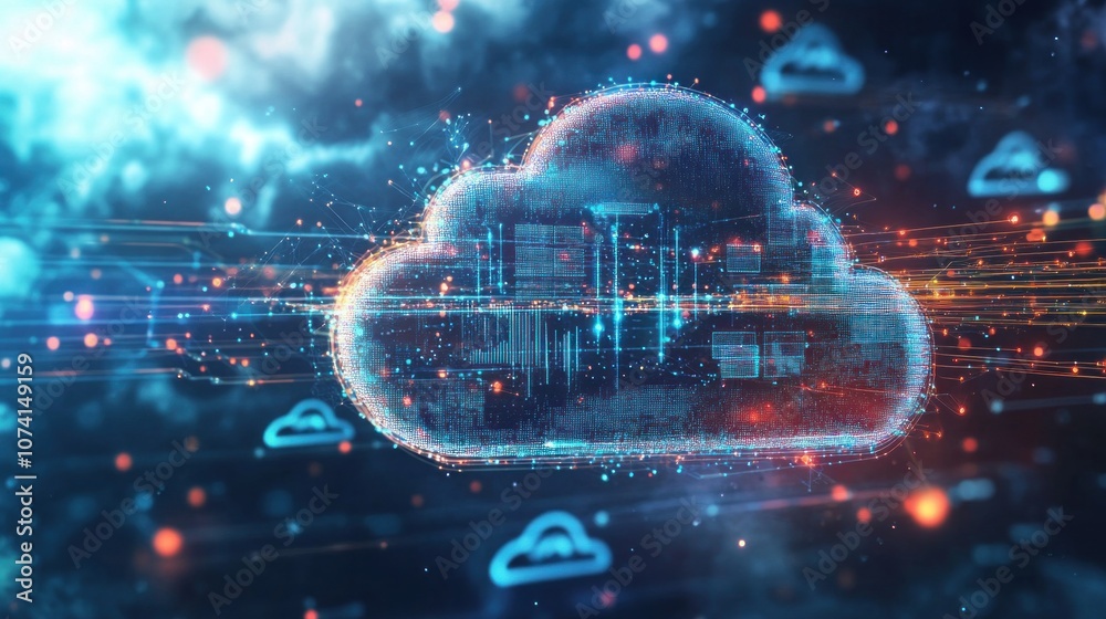 Poster 3d rendering of digital cloud and connection lines on blue background - generated ai