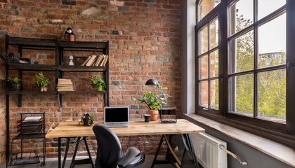 Fototapeta premium Minimalist Industrial Home Office with Concrete Desk, Exposed Brick Walls, and Metal Shelving