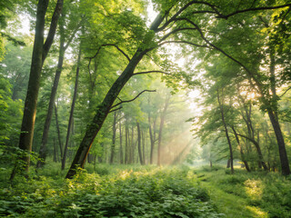 Obraz premium morning in the forest. forest, trees, tree, nature, sun, landscape, light, mist, autumn, fog, misty, path, green, woods, sunlight, woodland, spring, wood, foliage, morning, foggy, sunrise, fall, seaso