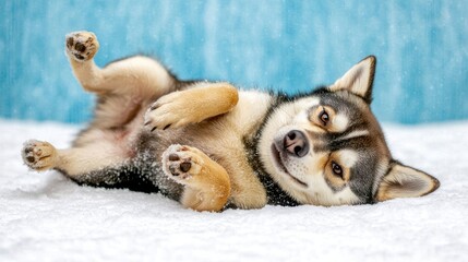 Obraz premium Playful dog enjoys rolling in fresh snow while capturing hearts with adorable expressions