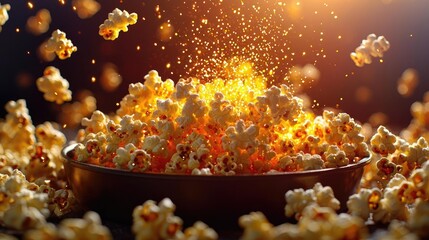 Fototapeta premium Bursting popcorn in a bowl with cinematic lighting and dynamic motion.