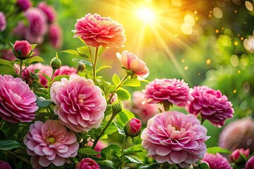 Fototapeta premium Surreal Blooming Paradise: Vibrant Pink Flowers and Lush Green Leaves in Soft Sunlight