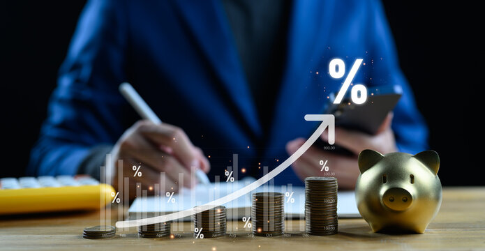 Business graph with percentage, special offer of shopping department store discount and tax concept, adjusting interest rates, raising interest rates to fight inflation, returns on investments.