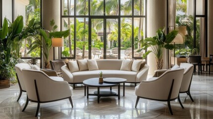 Modern Lounge Area with a View of Lush Greenery