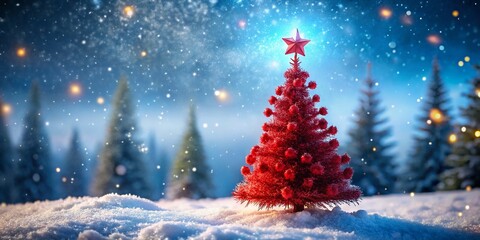 Obraz premium Stunning Red Christmas Tree Amidst a Snowy Winter Landscape, Showcasing Nature's Beauty in a Festive Setting with Soft Snowfall and a Serene Atmosphere
