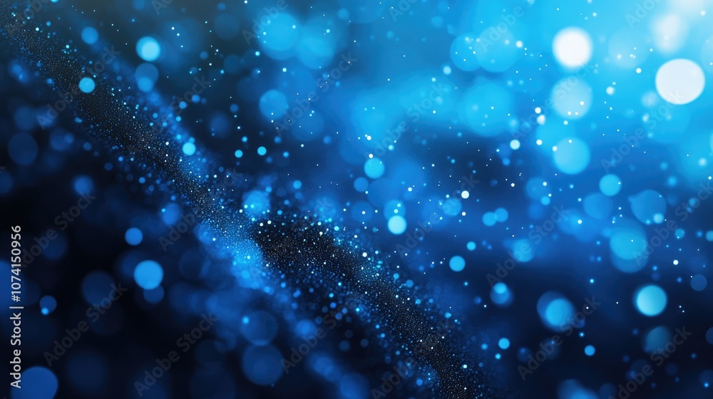Poster numerous shimmering blue particles in a vast space captured in slow motion creating an abstract back
