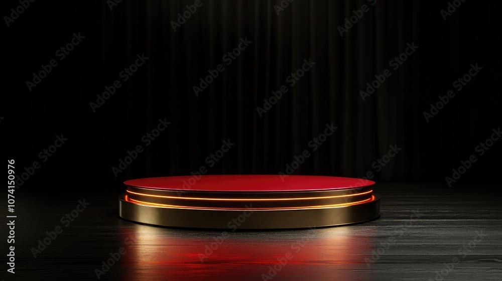 Poster golden red display podium on empty stage with black backdrop 3d rendering