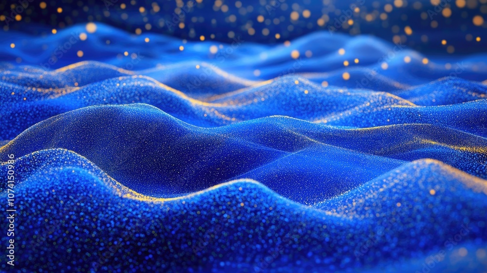 Poster Abstract arrangement of points on a blue backdrop Disordered waves in a cosmic setting Vast data visualization in 3D rendering