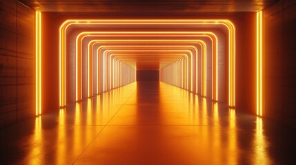 3D rendering of an orange neon glowing spaceship corridor against a black backdrop Suitable for advertising technology and futuristic themes in modern settings like showrooms or gaming spaces Sci 