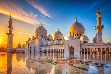 Fototapeta premium Stunning Sheikh Zayed Mosque in Abu Dhabi Captured Using the Rule of Thirds with a Perfectly Balanced Composition and Ample Copy Space for Architectural Photography