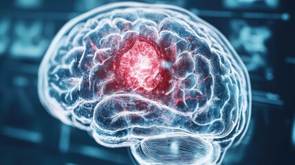 High resolution 3D illustration of a human brain with x ray examination effect showcasing highlighted areas emphasizing physiological discoveries in medical research