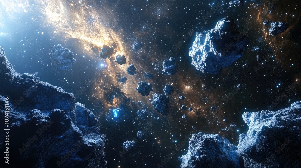 Poster celestial bodies and cosmic elements in open space created through 3d rendering techniques