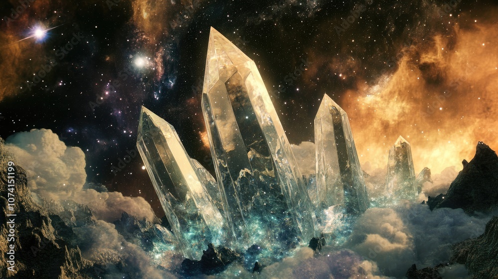 Poster cosmic elements within a crystal set against a backdrop of open space