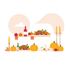 Fototapeta premium Happy people sitting at table, eating holiday meals, drinking wine and talking to each other. Family Christmas or Thanksgiving dinner or supper. Colorful vector illustration in flat cartoon style. 
