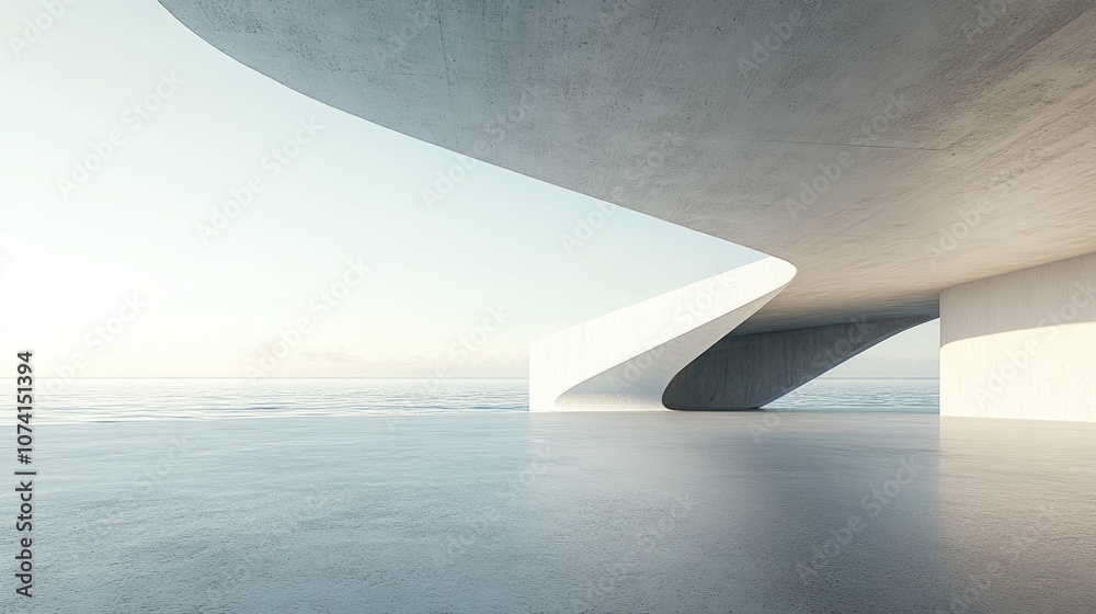 Poster empty gray concrete floor in minimalist architecture featuring a 3d rendering of an abstract white s