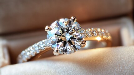 Fototapeta premium Elegant Gold Diamond Ring in a Luxurious Display Box Perfect for Engagement, Wedding, or Special Occasion Celebrations Highlighting Sparkling Brilliance and Craftsmanship