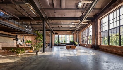 Fototapeta premium Open-Concept Industrial Loft with Floor-to-Ceiling Windows, Metal Beams, and Concrete Floors